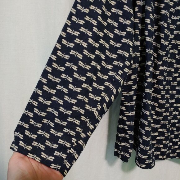 made by lisa b. shirt womens Medium mock neck woven top Blue w/ cream dragonfly - Picture 5 of 5